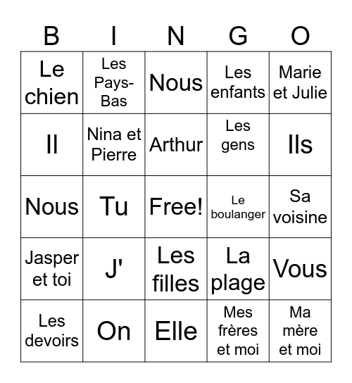 Verbe avoir Bingo Card