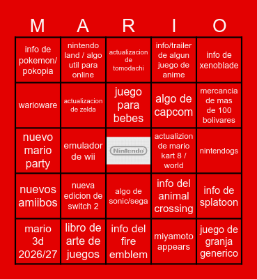 Nintendo Bingo Card