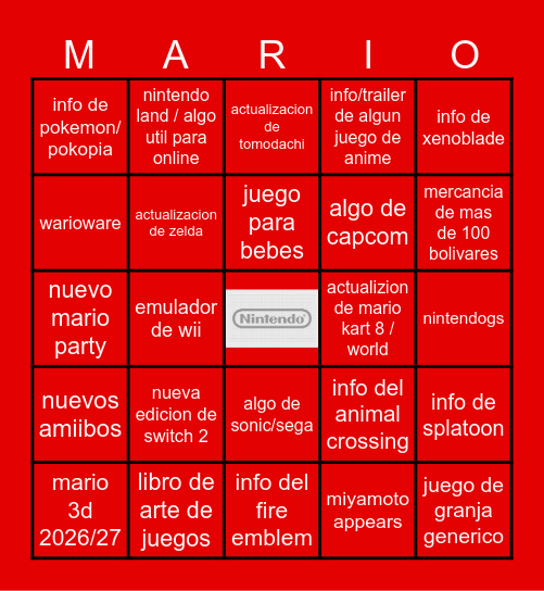 Nintendo Bingo Card