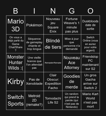 Nintendo Direct 09/09/2026 Bingo Card