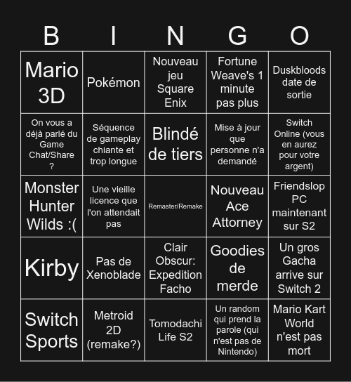 Nintendo Direct 09/09/2026 Bingo Card