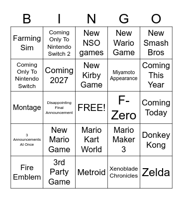 Nintendo Direct 9/9/26 Bingo Card