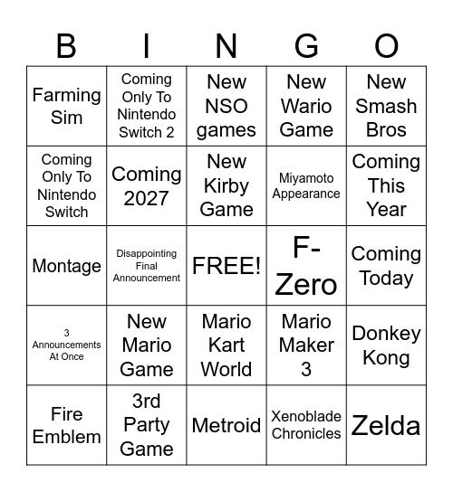 Nintendo Direct 9/9/26 Bingo Card