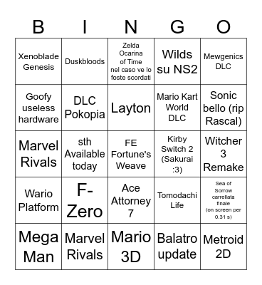 Nintendo Direct 9/9 Bingo Card