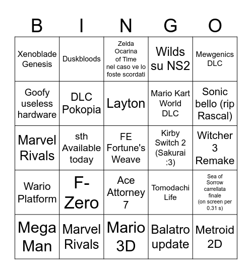 Nintendo Direct 9/9 Bingo Card
