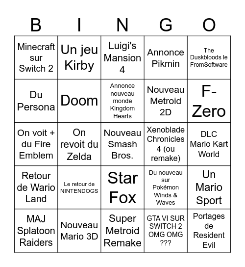 Nintendo Direct 09/09 Bingo Card