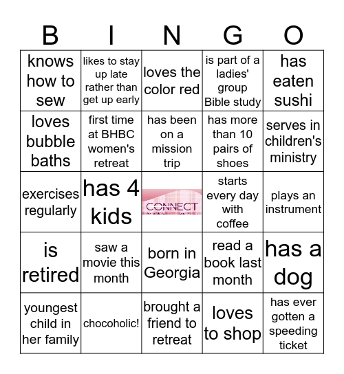 CONNECT Women's Retreat 2017 Bingo Card