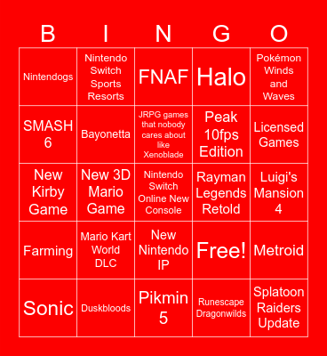 Nintendo Direct 09/09/26 Bingo Card