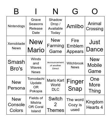Nintendo Direct Bingo 9.9.26 Bingo Card
