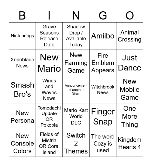 Nintendo Direct Bingo 9.9.26 Bingo Card