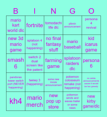 nintendo direct bingo Card
