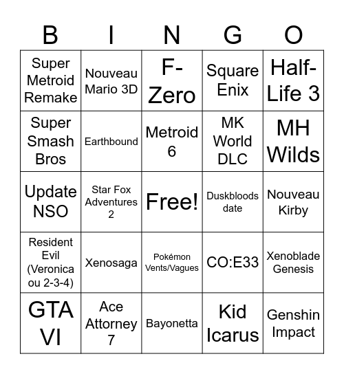 Nintendo Direct 9/9/2026 Bingo Card