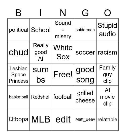 Shorts Bingo Card