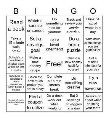 FWRI Wellness Bingo Card