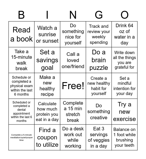 FWRI Wellness Bingo Card
