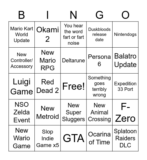 Nintendo direct bingo Card