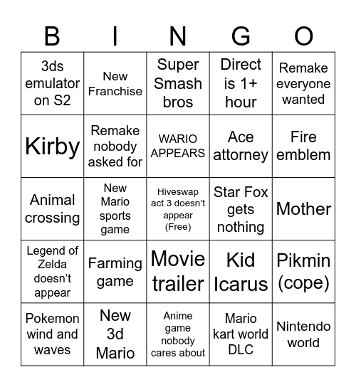 Nintendo Direct 9/9/26 Bingo Card
