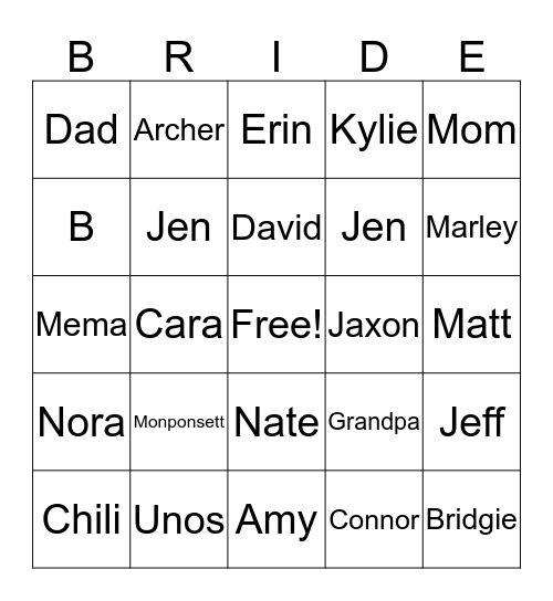 Shannon's Bridal Bingo Card