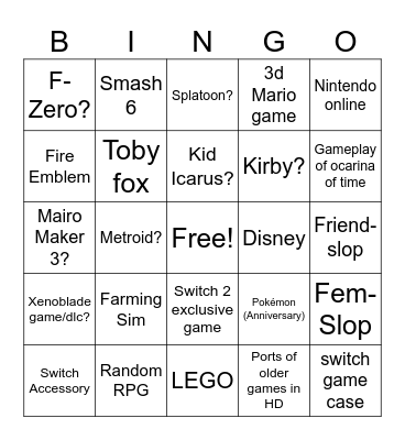 Nintendo Direct Predictions Bingo Card