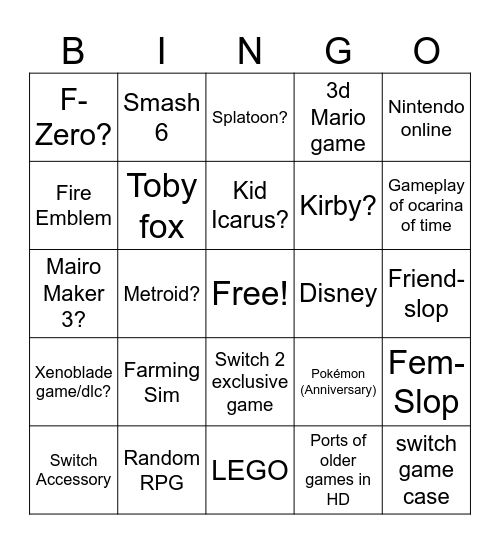 Nintendo Direct Predictions Bingo Card