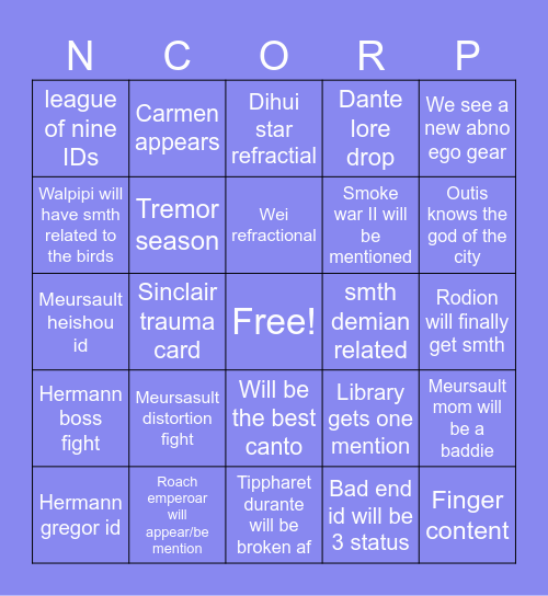 Canto X Bingo card (plus season 8 stuff) Bingo Card