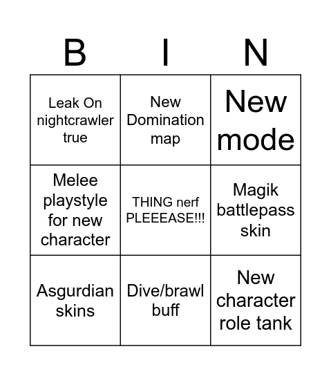 Rivals Season 10 Bingo Card