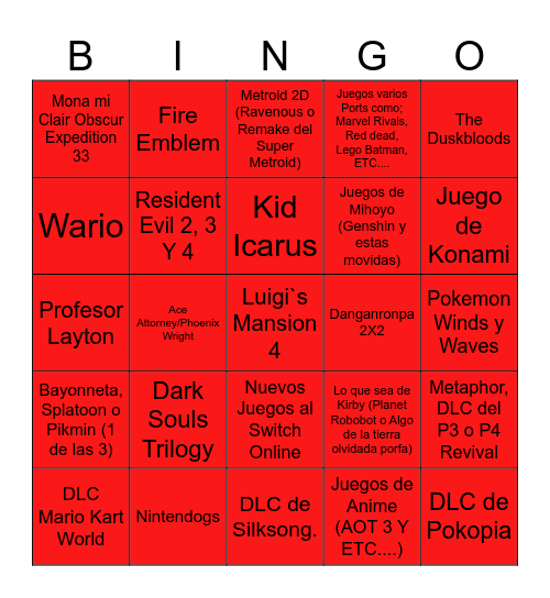 Nintendo Direct Bingo Card