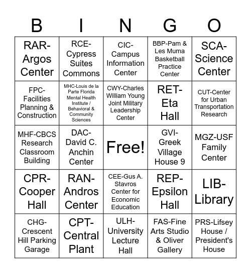 USF Building Bingo Card