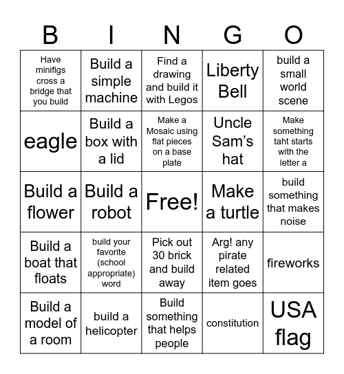Pass the Bricks Bingo Card