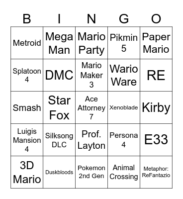 Nintendo Direct Bingo Card