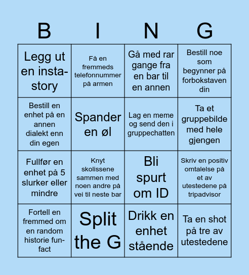 Bar Crawl Bingo Card