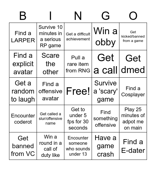 Roblox lockout Bingo Card