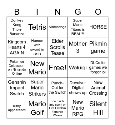 NINTENDO DIRECT 9.9 Bingo Card