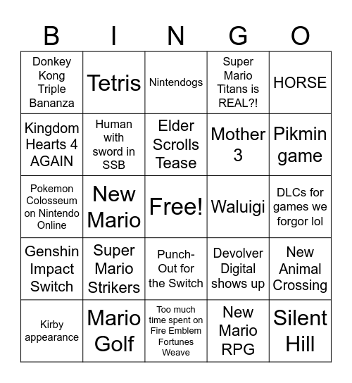 NINTENDO DIRECT 9.9 Bingo Card