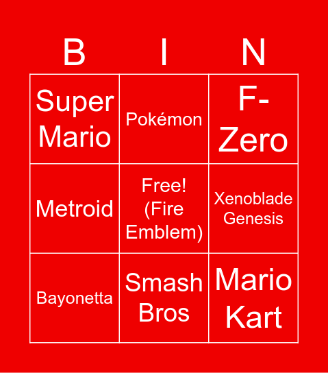 Nintedo Direct Bingo Card