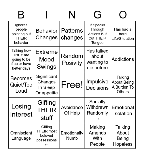 Others Suicidal Bingo Card
