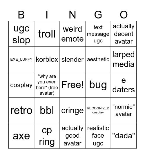 roblox catalog avatar creator bingo Card