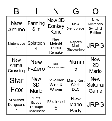 Nintendo Direct Bingo Card