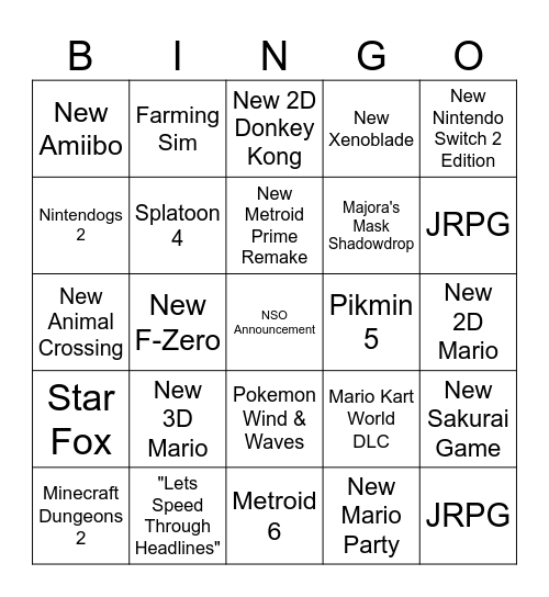 Nintendo Direct Bingo Card