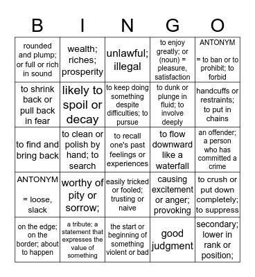 Vocabulary Units #7-9 Review Game Bingo Card