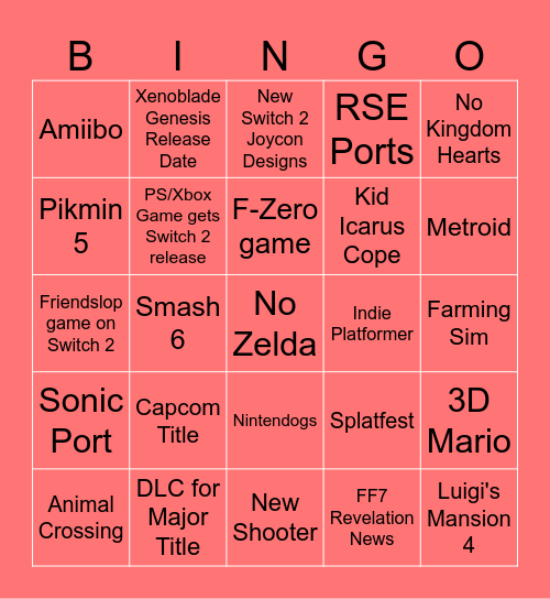 Worst Nintendo Direct Bingo Ever Bingo Card
