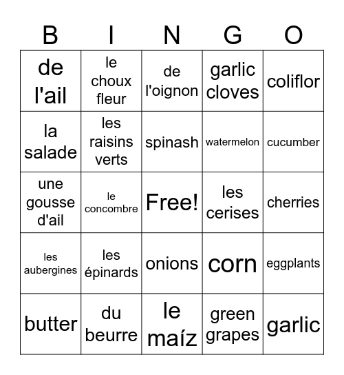 FRUITS ET LÉGUMES Bingo Card