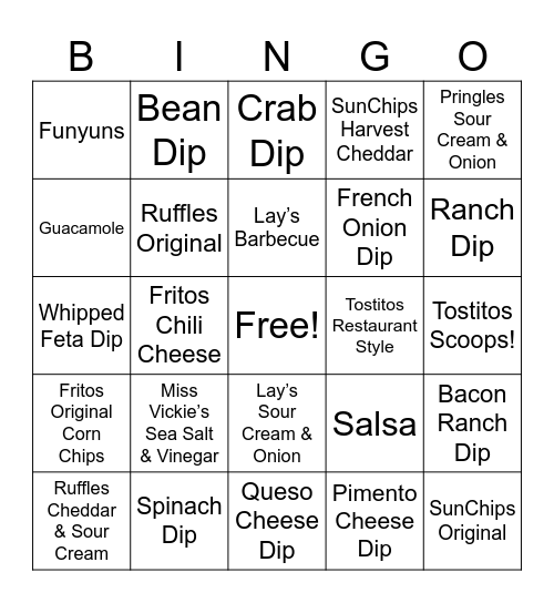 Chips & Dips Bingo Card