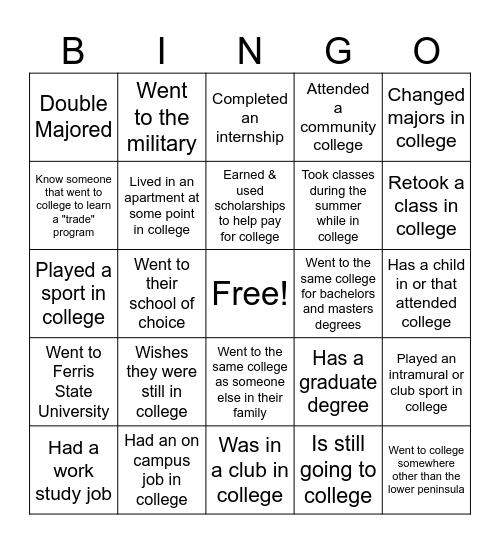 College Awareness Month Bingo Card