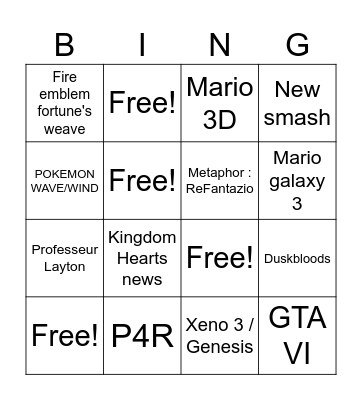 Nintendo Direct Bingo Card