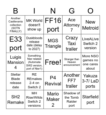 Nintendo Direct 9-9-2026 Bingo Card