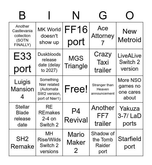 Nintendo Direct 9-9-2026 Bingo Card
