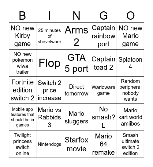 Nintendo Bingo Card