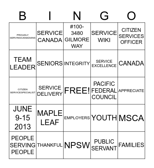 NATIONAL PUBLIC SERVICE WEEK 2013 Bingo Card