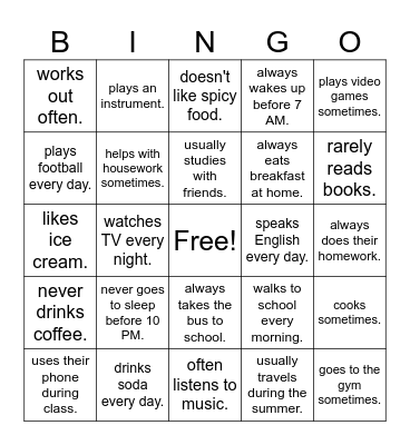 Present Simple Review - Find Someone Who... Bingo Card
